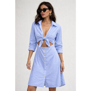 Women's Zara Blue White Striped Cutout Tie-Front Button Up Shirt Dress Medium